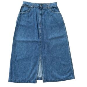 Vintage Jean Skirt High Waist Denim A-Line Midi Length Back Pockets Front Small